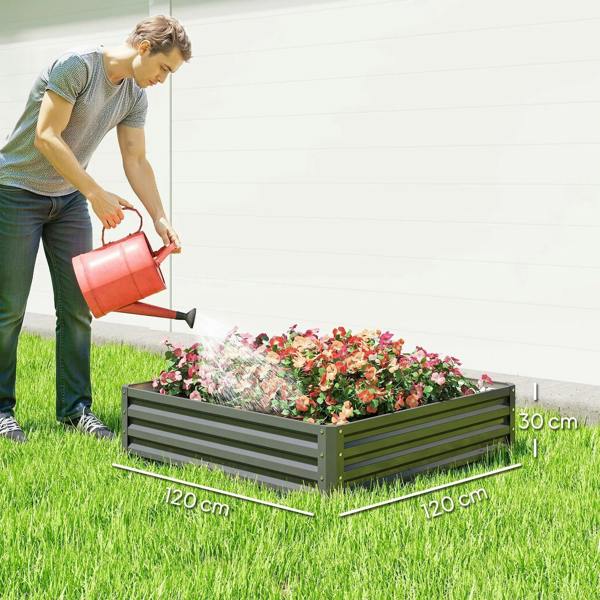 Light grey square raised garden bed with slatted walls, open top for flowers and plants