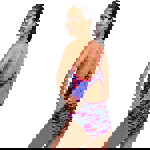 Funkita girls warped waves diamond back swimsuit in blue pink with multicolored geometric pattern and open back design