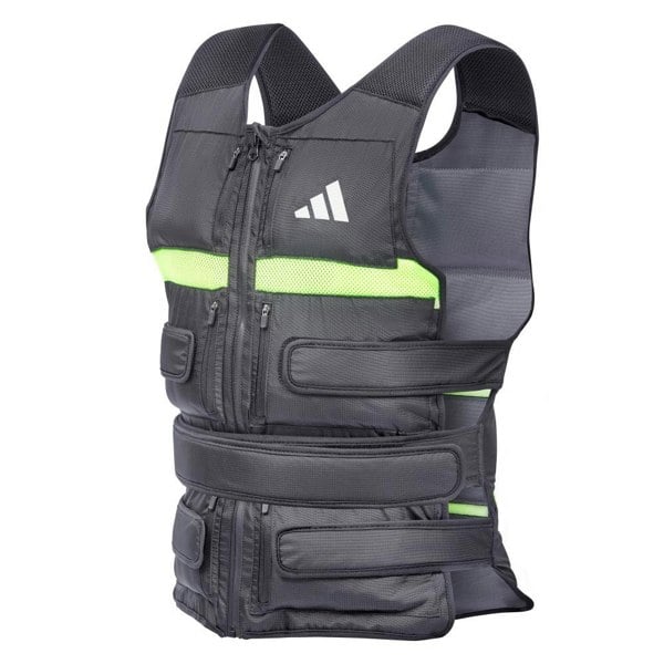 Black weight vest with green accents and Adidas logo on a white background