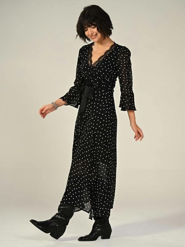 Rose & Nancy Chloe Black Polka Dot Lace Trim Midi Dress