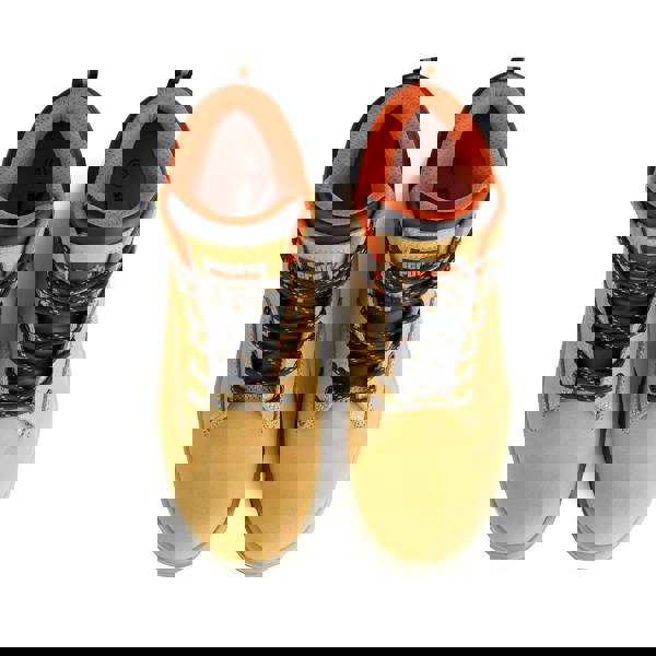 Scruffs Stratton Men's Safety Lace Up Steel Toe Ankle Boots, tan and black construction boots with orange accents, black laces, and padded collar.