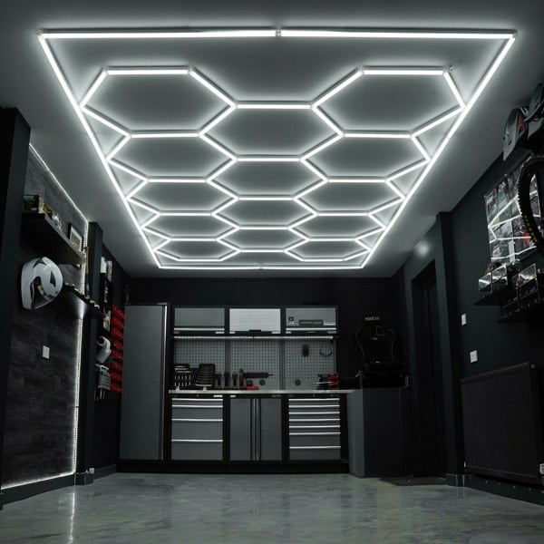 Monstershop Hexagon LED Light & Vented Garage Floor Tiles With Edges - 60 Grey & 60 Blue