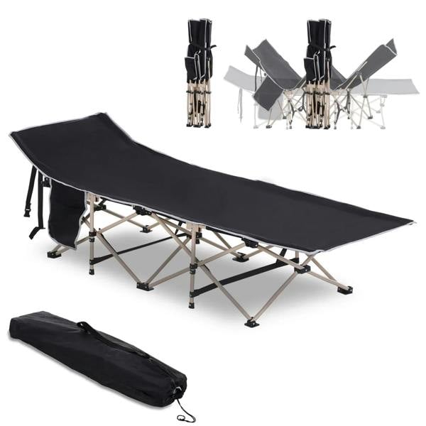 Black folding camping cot with dark fabric mattress and metal support legs