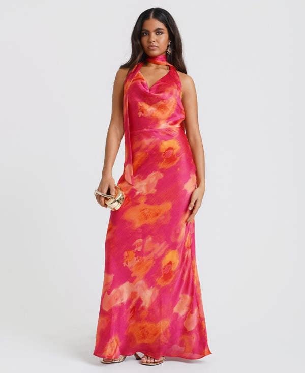 Needs No Label Pink Marble Scarf Neck Maxi Dress
