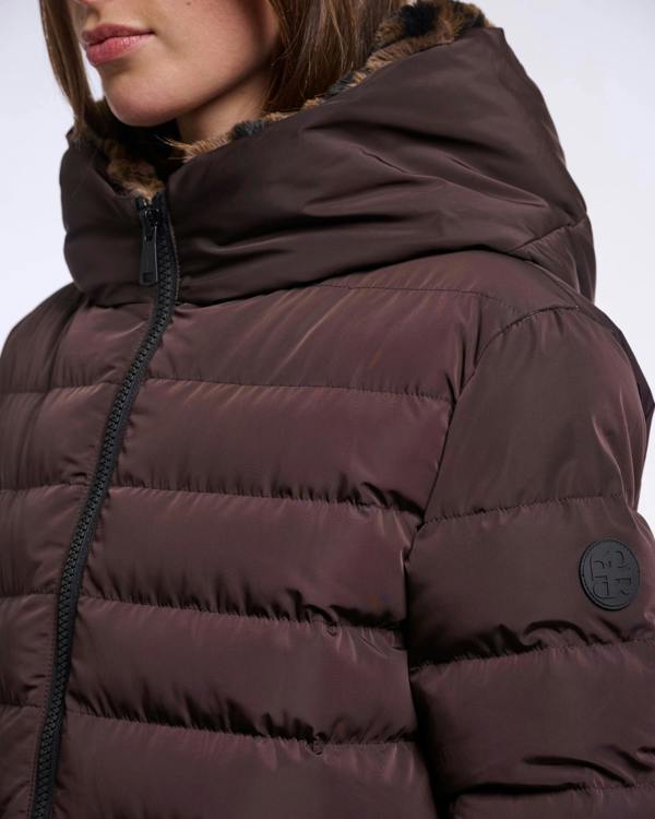 Rino & Pelle Keilafur Womens Long Padded Hooded Coat - Peated Brown Leopard | CHO | Designer Womens Padded Coat