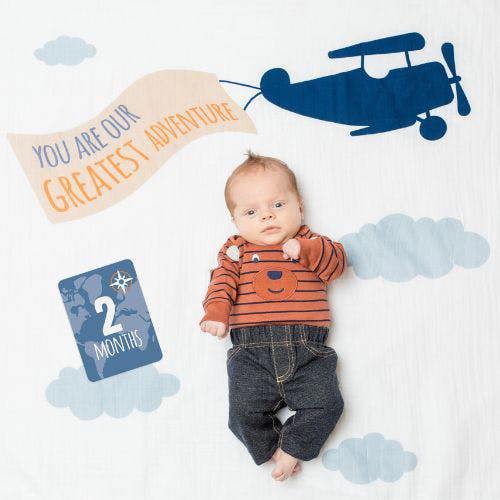 Lulujo - Baby's First Year Gift Set - Cotton Swaddle & Cards - Greatest Adventure