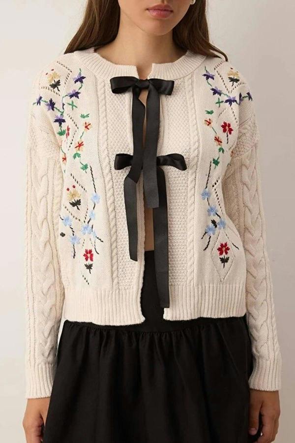 WOVCOR Knitted Cardigan with Ribbon Detail and Flower Embroidery