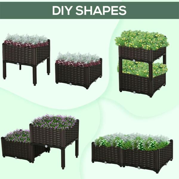 Set of 2 brown elevated planter boxes with rattan-pattern weave in multiple views