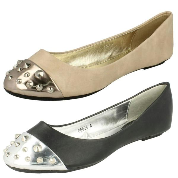 Spot On Ladies Spot On Flat Casual Ballerina Studded Metal Toecap