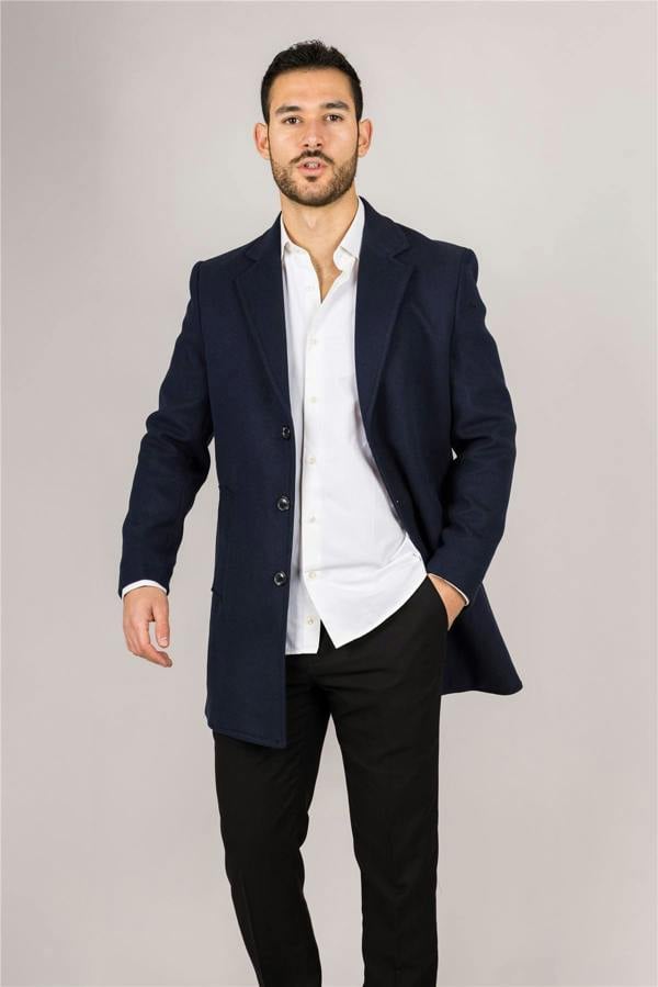 Infinity Leather Men's Notched Lapel Collar Wool Blend Navy Overcoat