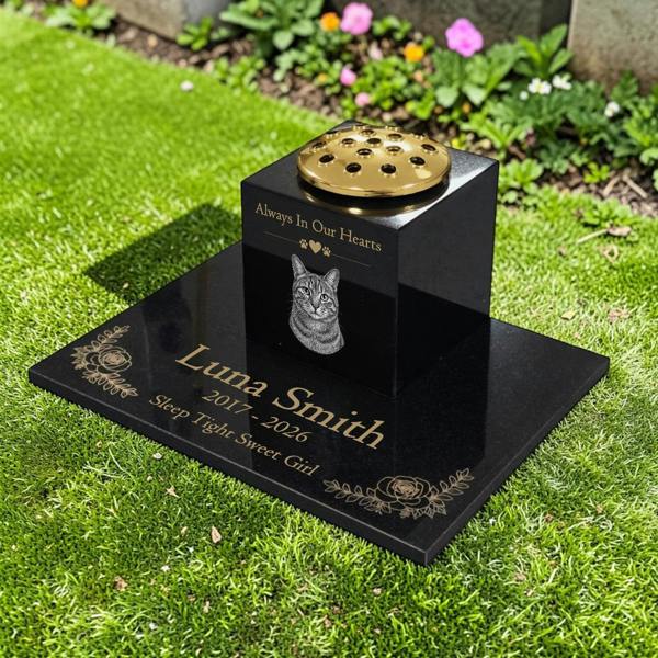 Memorials Direct Cat Memorial Granite Photo Vase & Tablet