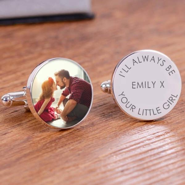 Rhodium-plated cufflinks with one featuring a photo of a dad and daughter and the other engraved with I'll Always Be Your Little Girl.