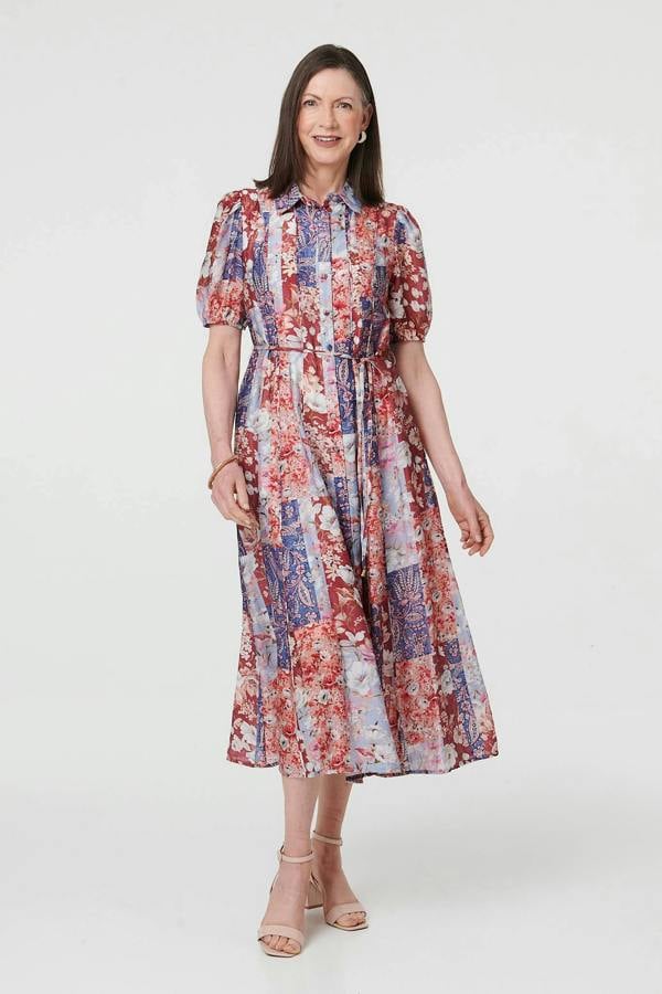 Red | Patchwork 1/2 Puff Sleeve Midi Dress
