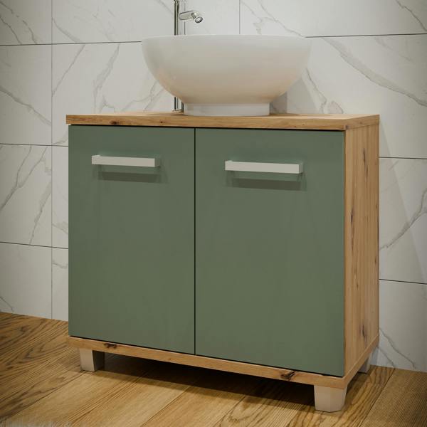 Furniture To Go Veris Under Sink Cabinet with 2 Doors in Artisan Oak and Sage Green Doors