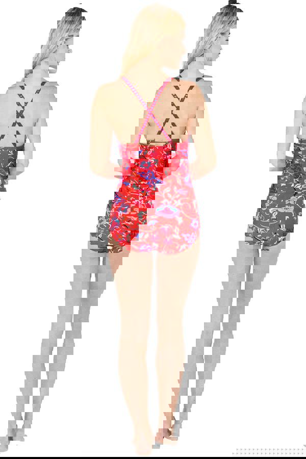 Blanket Stitch Red Pattern Cross Back Swimsuit Rear