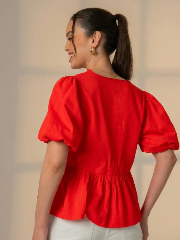 Rose & Nancy Haillie Coral Red Lace Trim Bow Blouse
