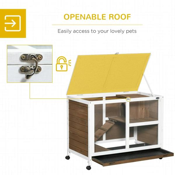 Openable-roof brown wooden rabbit hutch with ramp, mesh top, and corner latch