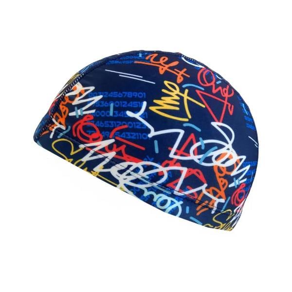 Blue graffiti swim cap in junior fun patterns lycra