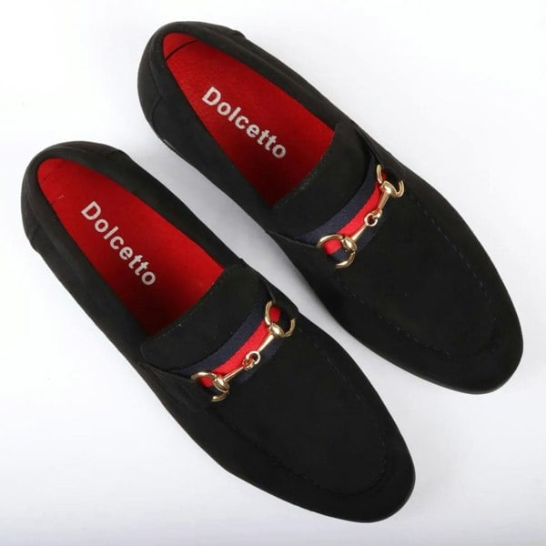 Dolcetto Men's Suede Leather Lined Gold Buckle Loafers