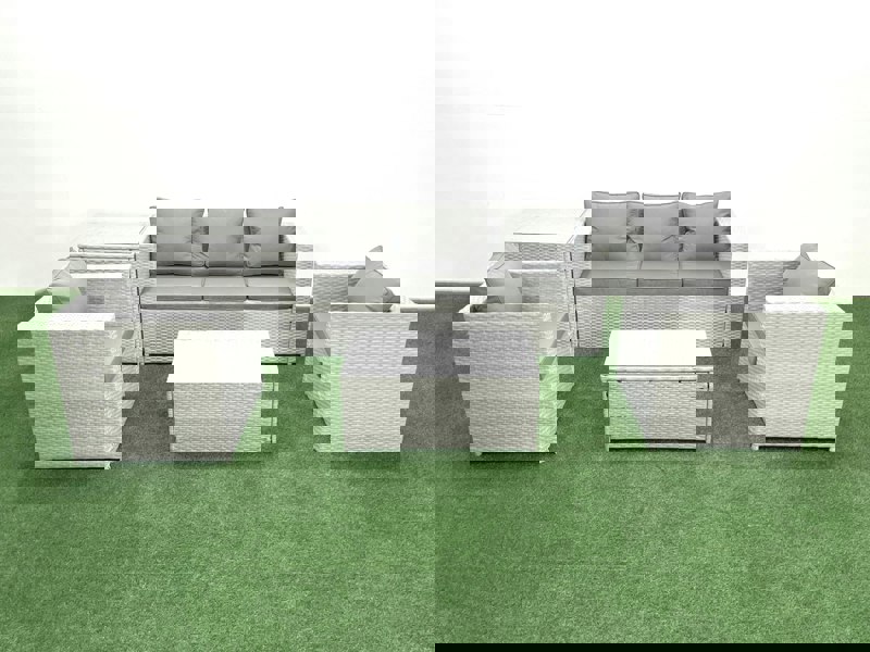 Fimous Rattan Garden Furniture Set with 3 Seater Sofa 2 Chair Rectangular Coffee Table Side Table Light Grey Mixed 5 Seater