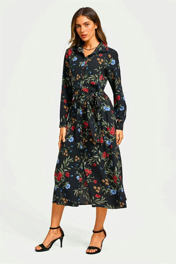 FS Collection Black Floral Print Shirt Midi Dress With Tie Waist + Gold Stretch Leaf Belt