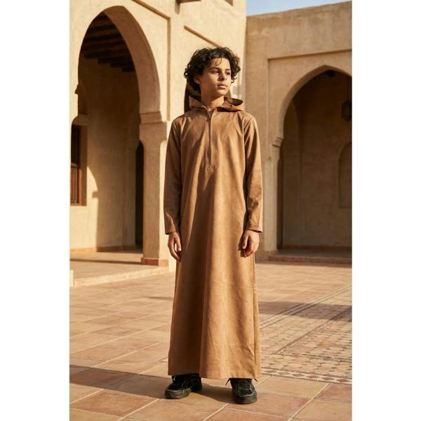 HM12 - Boy's Hooded Suede Emirati Omani Zipped Thobe - Camel - Thobez - 9