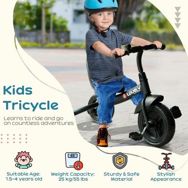 Black kids tricycle being ridden by a child wearing a blue helmet
