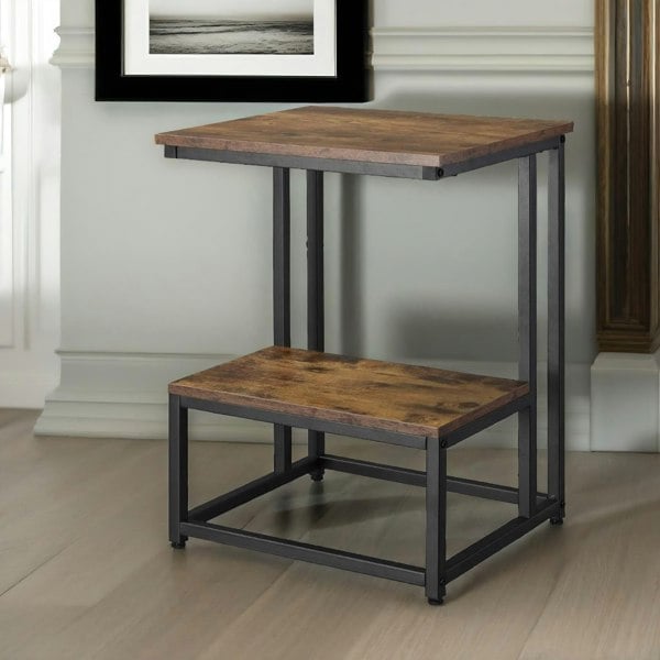 Rafaelo Mobilia Industrial Double Tier C Shaped Side Table Rustic Brown