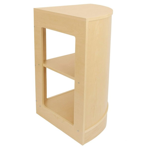 Corner counter in maple finish, featuring a curved design, open shelving, and smooth texture, ideal for retail display