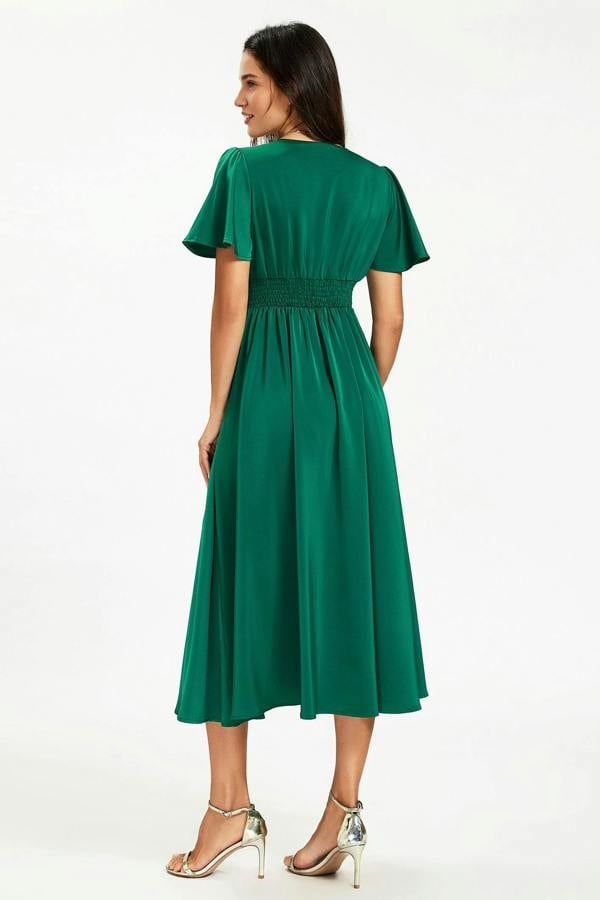 FS Collection Satin V neckline Button Detail Dress In Green
