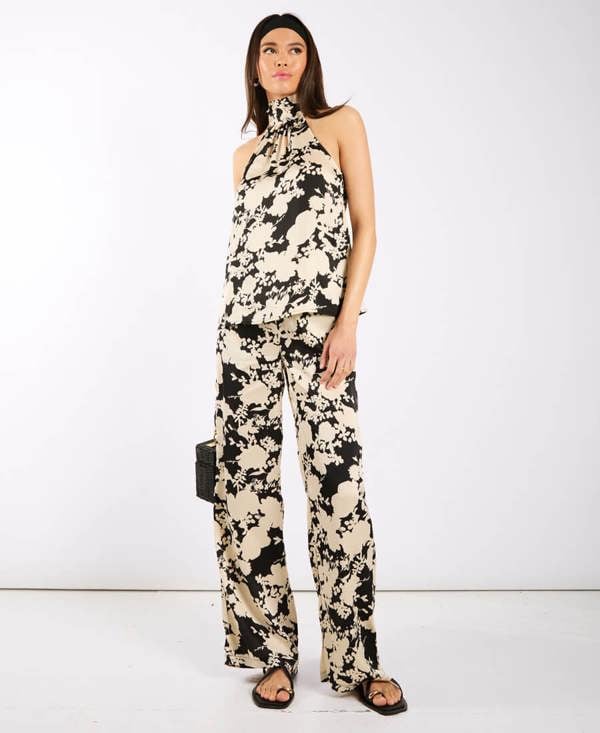 Black and Ivory Printed Halter Neck Top set