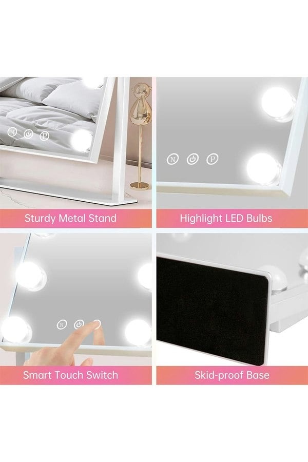 Living and Home Vanity Mirror with Lights,3 Lighting Modes,Touch Screen Control with a USB Wire,Tabletop Cosmetic Mirror For Bedroom