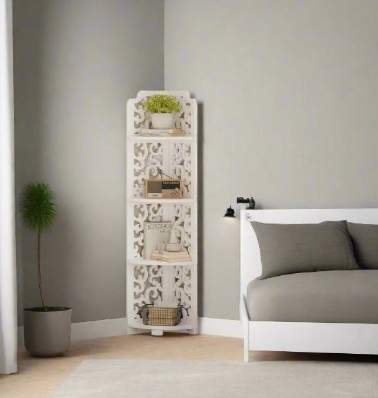 Modcraft White Free-Standing Corner Shelf – 4-Tier PVC Storage Unit for Bathroom, Bedroom, Living Room & More