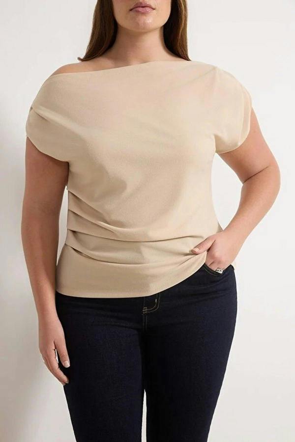 WOVCOR Draped Detail Asymmetrical Collar Knitted Blouse