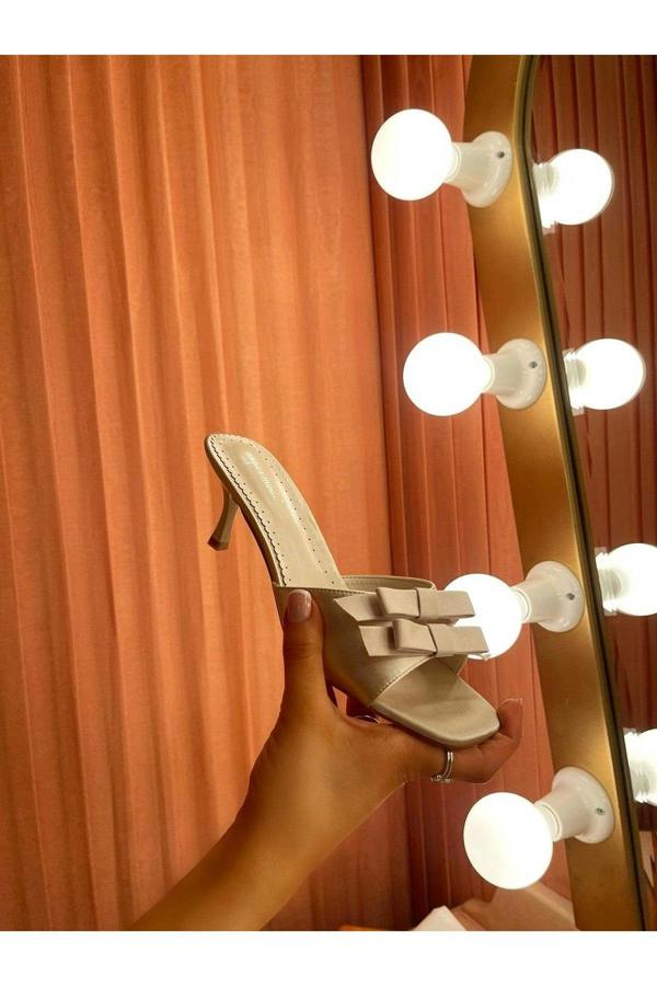 Camila Open Toe Bow Detail High Heels - Cream