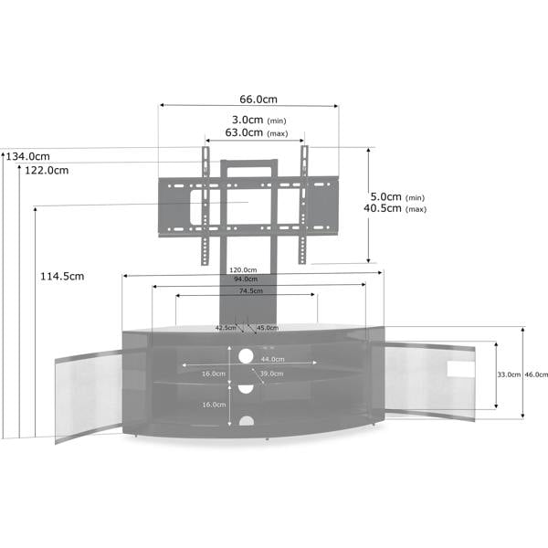 Homeology PANGEA Gloss Black Beam-Thru Curved True-Corner 32"-50" TV Cabinet with Mounting Arm