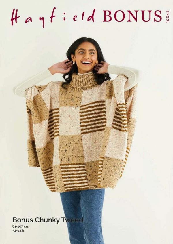Hayfield Bonus Chunky Tweed Knitting Pattern 10344, Ponchos for Women, 32 - 42 Inches