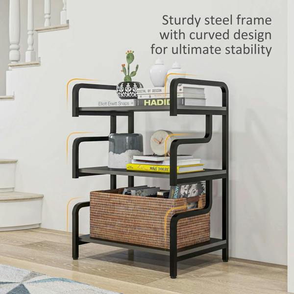 Black steel-frame 3-tier printer stand with curved supports and open storage shelves