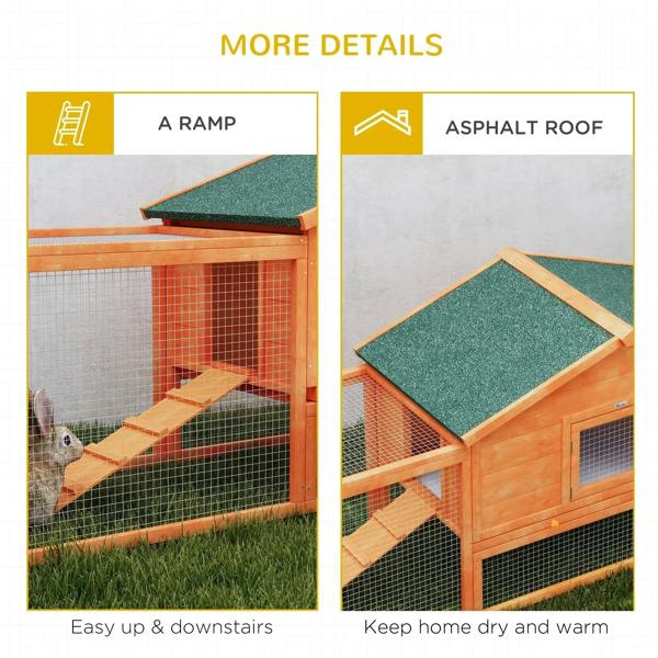 Orange wooden rabbit hutch detail: ramp inside run and green asphalt roof