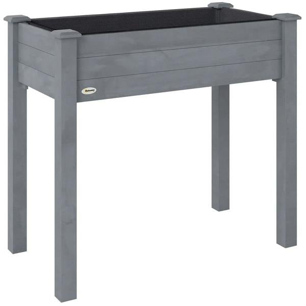 Dark grey raised wooden planter box with open top and four sturdy legs.