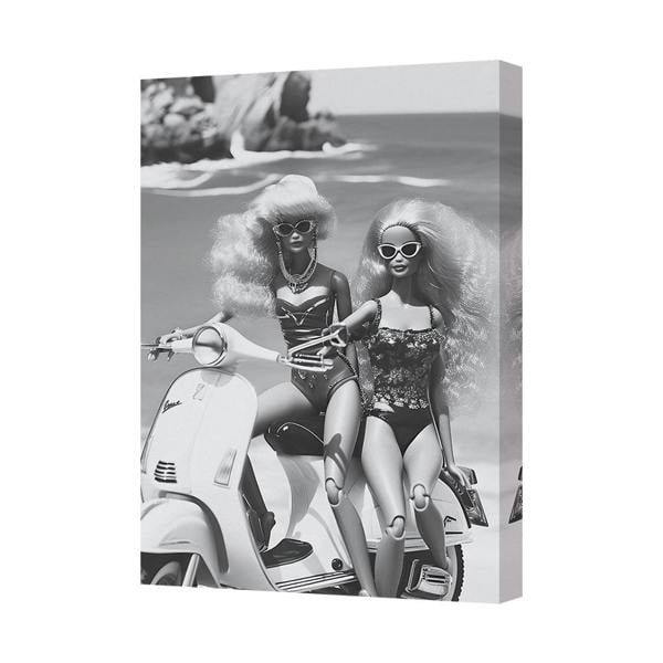 Benjamin Tate Design Monochrome Fashion Doll Duo On Scooter Canvas Art Print
