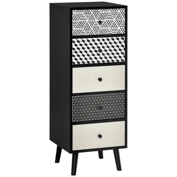 Black vertical 5-drawer dresser with patterned drawer fronts and round knobs
