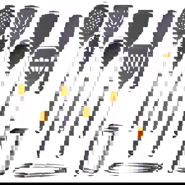 Anygleam 7-piece grey heat-resistant cooking utensil set, includes rice spatula and storage holder—perfect for nonstick cookware.