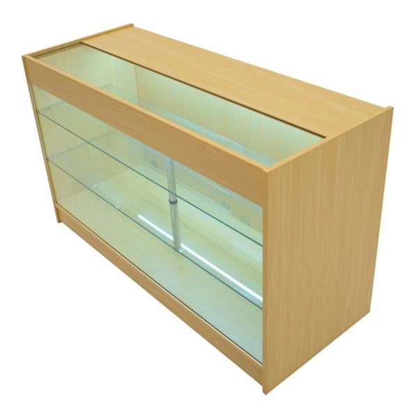 Polaris LED Shop Counter Set in maple finish, featuring glass shelves, sleek design, and integrated lighting for display purposes
