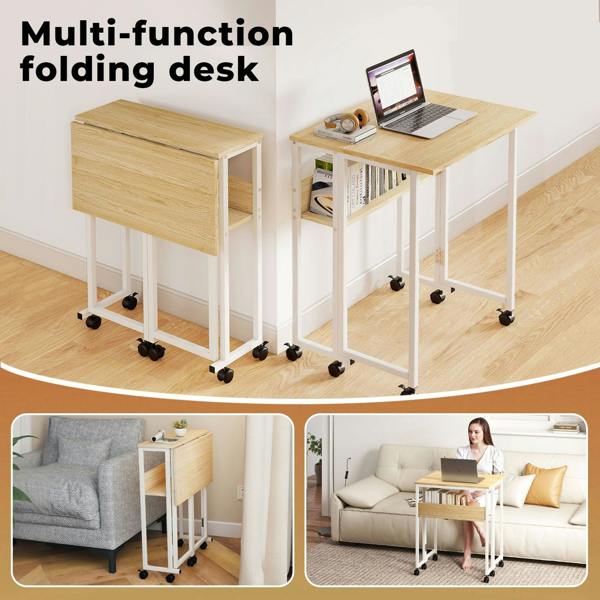 Levede Folding Computer Desk Extandable Table with Storage Shelf Wheeled Compact