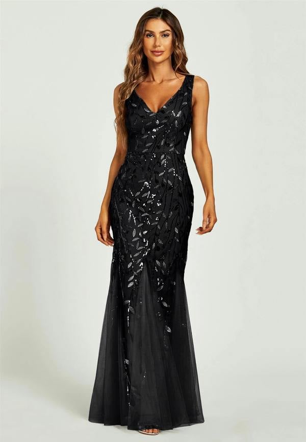 FS Collection Sequin Leaf Detailed V Neck Bridesmaid Maxi Dress In Black