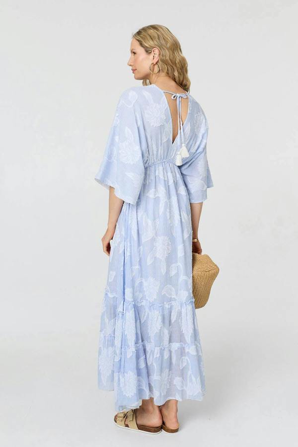 Blue | Floral Textured 3/4 Sleeve Maxi Dress