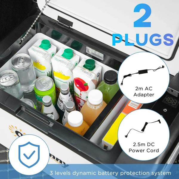 Open white portable cooler interior with drinks, plus included DC and AC power connectors