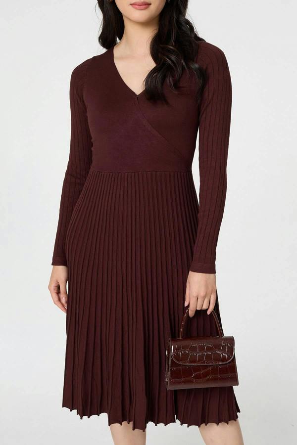 Brown | Pleated Knit Faux Wrap Midi Dress