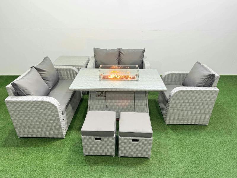 Fimous High Back Poly Rattan Garden Furniture Set, Reclining Chair, Loveseat, Firepit Table, Indoor Outdoor, 2 Stool, Side Table, Light Grey
